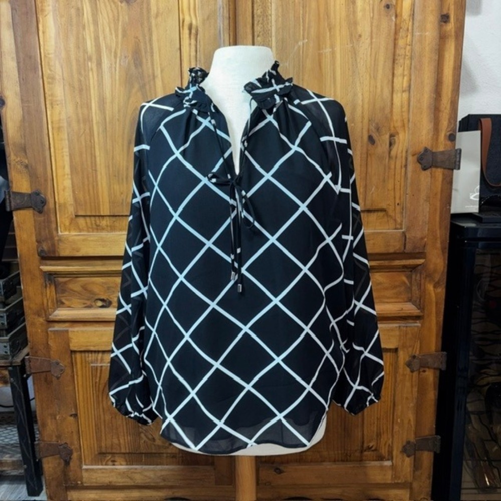 Calvin Klein Womens Black White Windowpane Ruffle Neck Tie Blouse M M1NAZ563 - Picture 2 of 8
